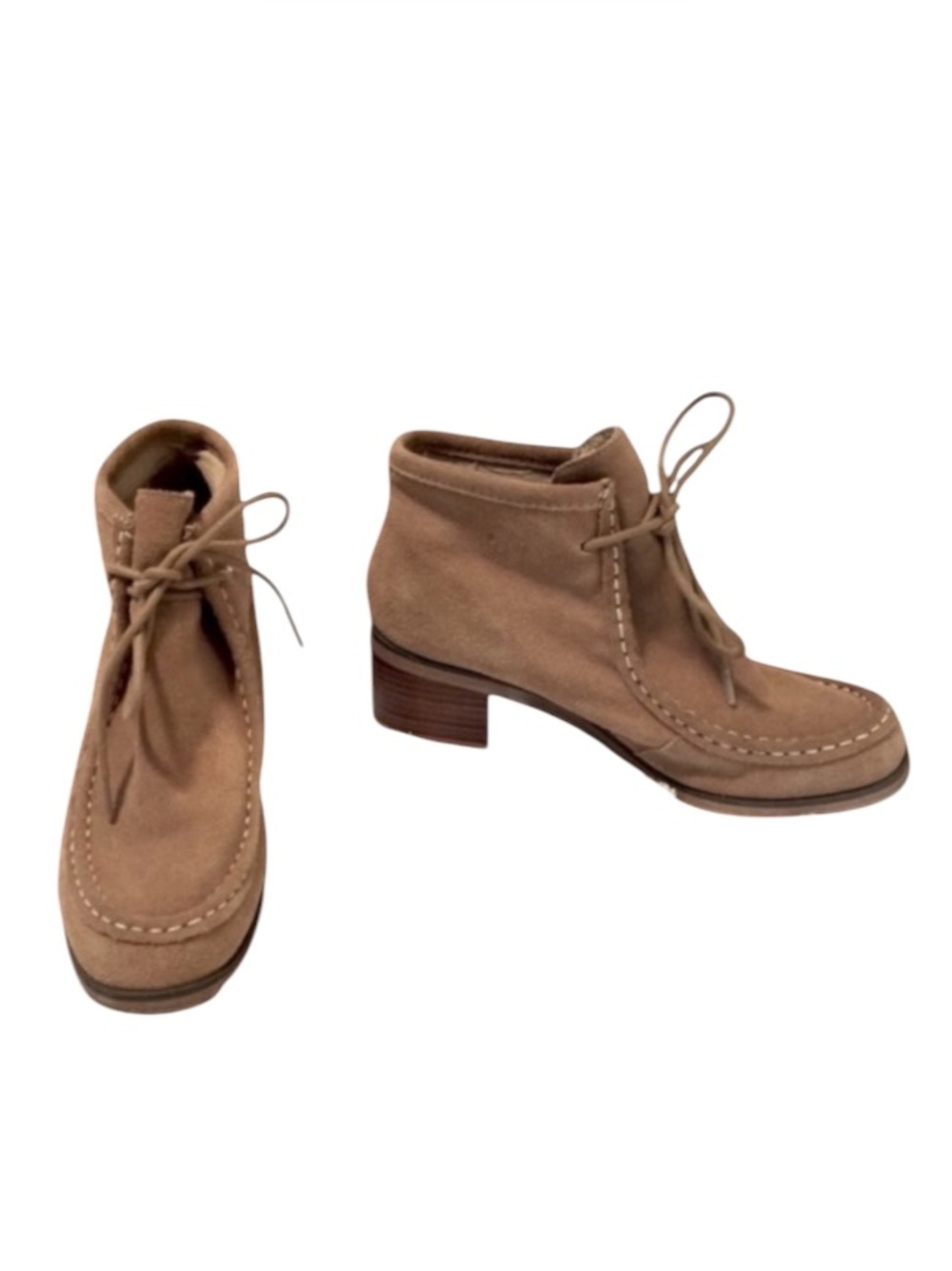 Lace Up Vintage Suede Leather Chukka Brown Carmel Tan Block Heel Ankle Boots 8